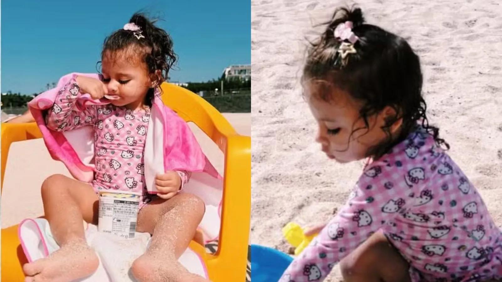 Helena brinca na areia e no mar durante viagem à Ilha de Jeju
