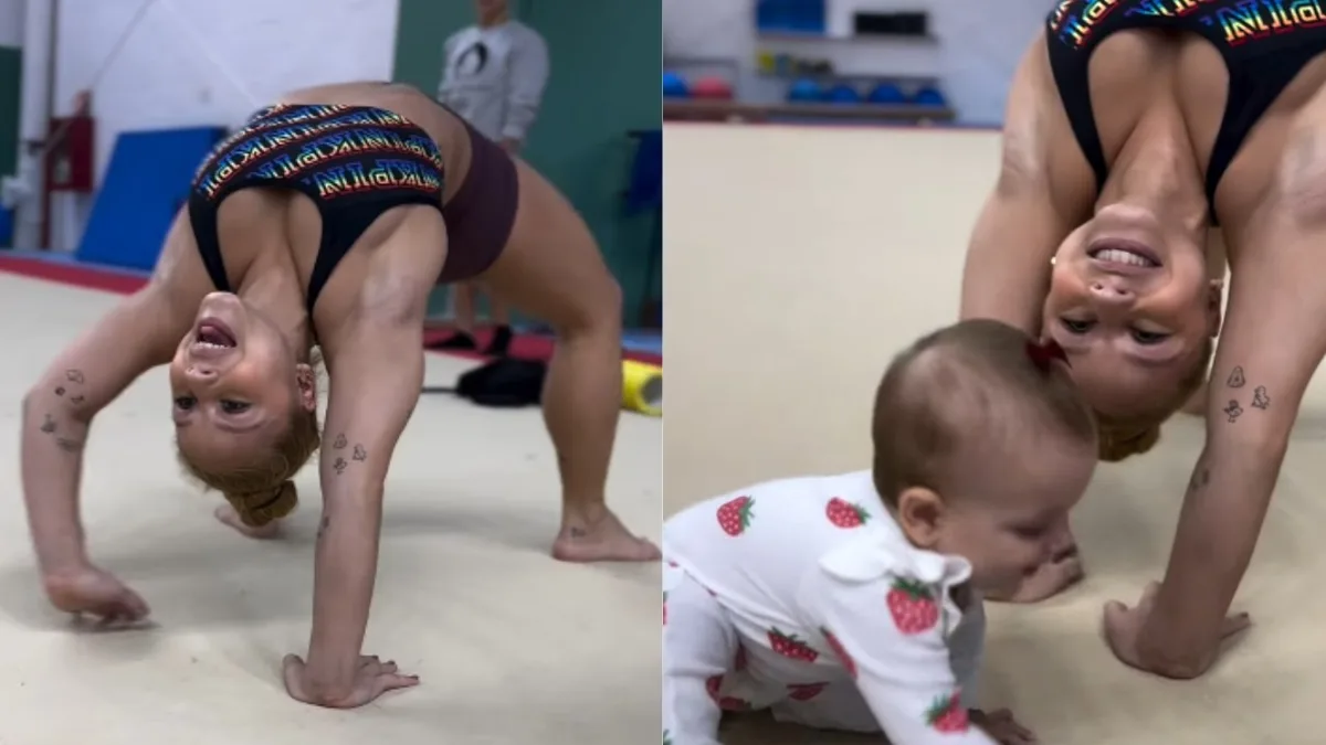 Flavia Saraiva brinca com bebê de Jade Barbosa durante treino de ginástica