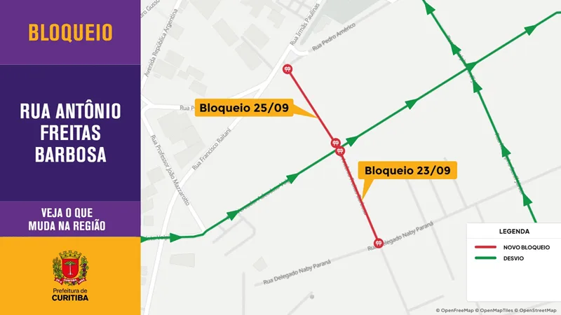 Rua Antônio de Freitas Barbosa terá dois bloqueios para obras em Curitiba