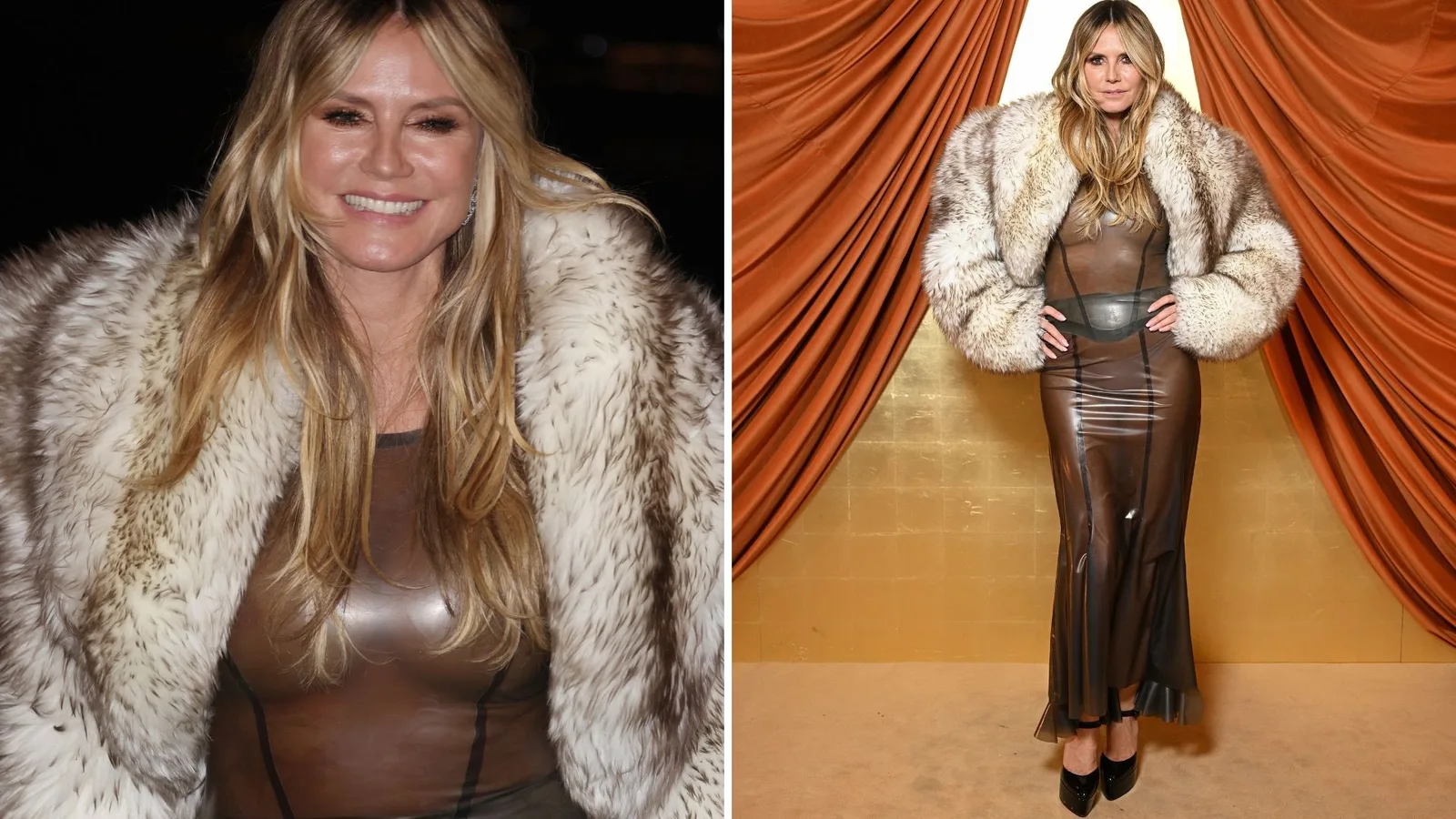 Heidi Klum usa vestido de látex sob medida na Semana de Moda de Paris