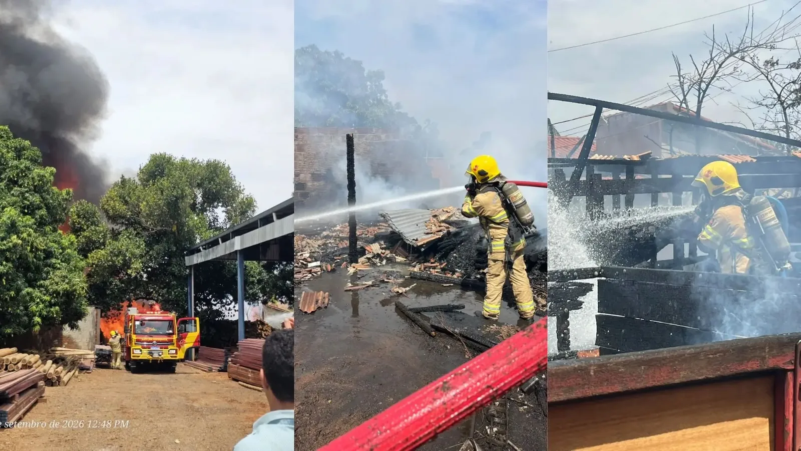 Incêndio atinge madeireira e espalha fumaça sobre Caçu