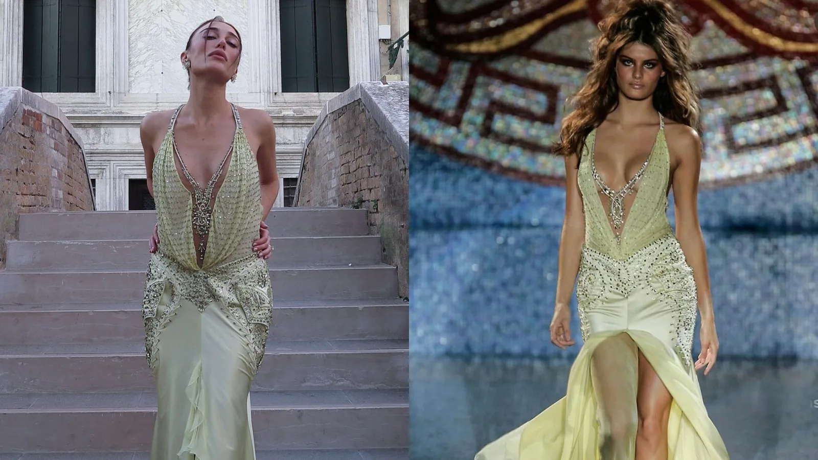 Elisa Zarzur usa em Veneza vestido da Versace apresentado por Isabeli Fontana