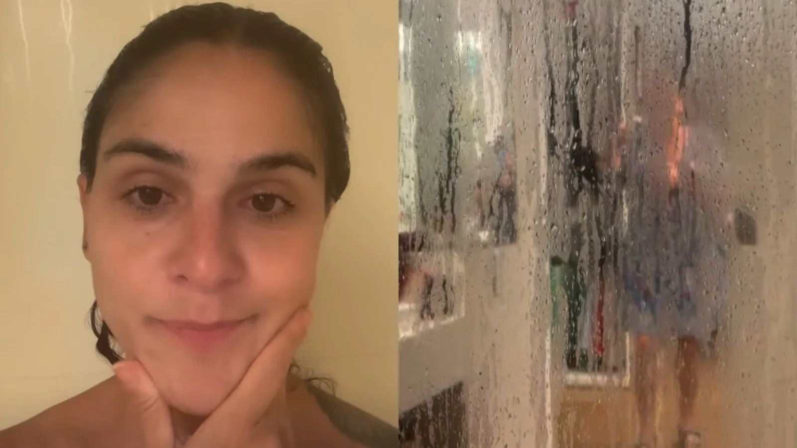 Priscila Castello Branco fica presa no box e chama sogra para ajudar
