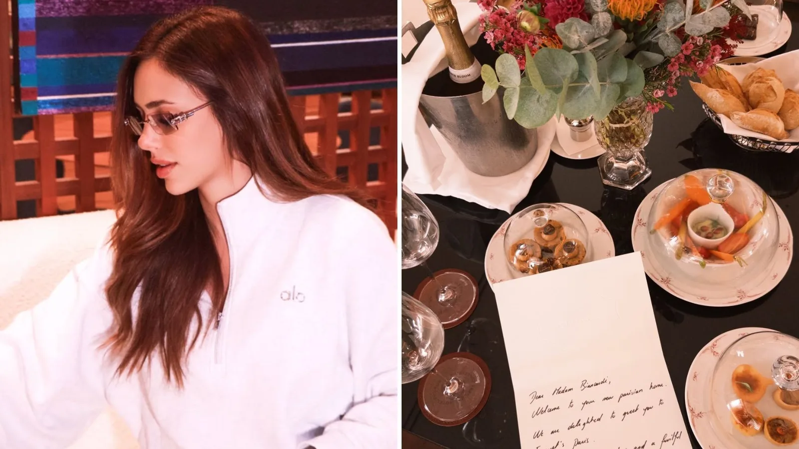 Bruna Biancardi chega a Paris e é recebida com flores e champanhe