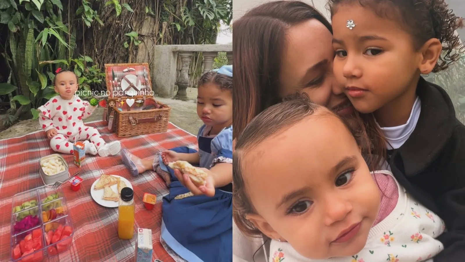 Bruna Biancardi registra piquenique com Mavie e Mel em Santos