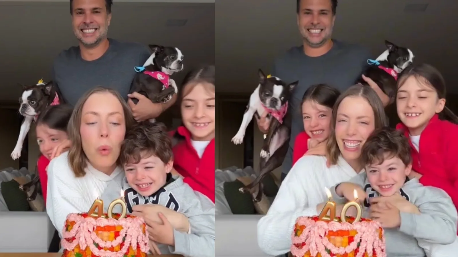 Fabiana Justus celebra 40 anos cercada pelo marido, filhos e cachorros