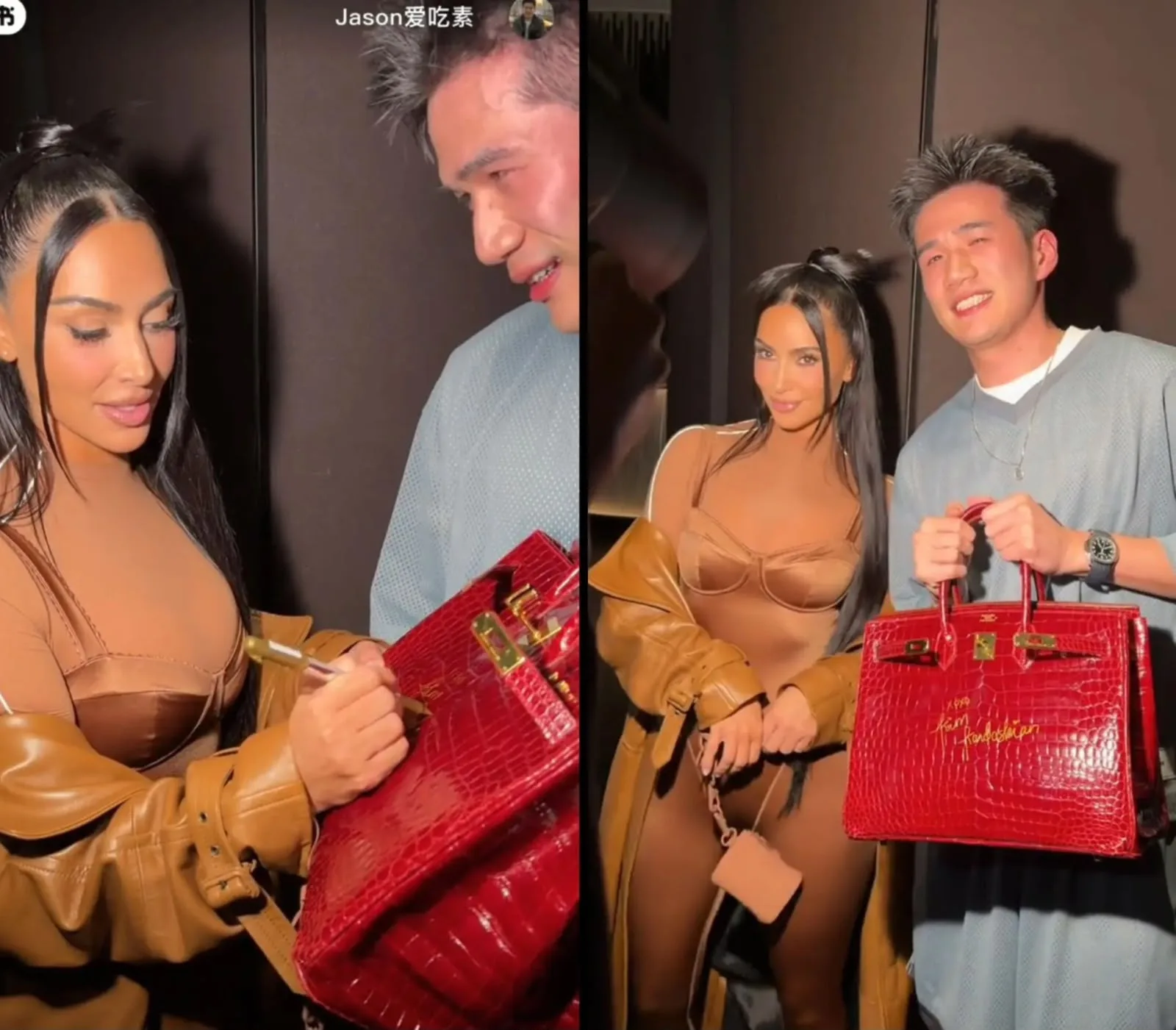 Kim Kardashian assina bolsa Hermès de fã durante evento em Xangai