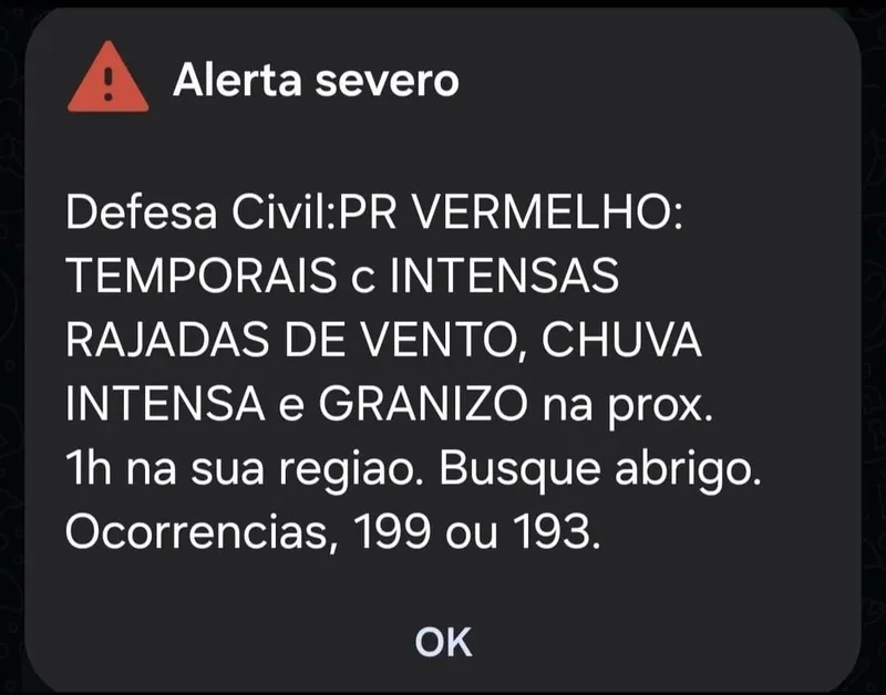 Alerta da Defesa Civil interrompe celulares durante tempestade no Paraná