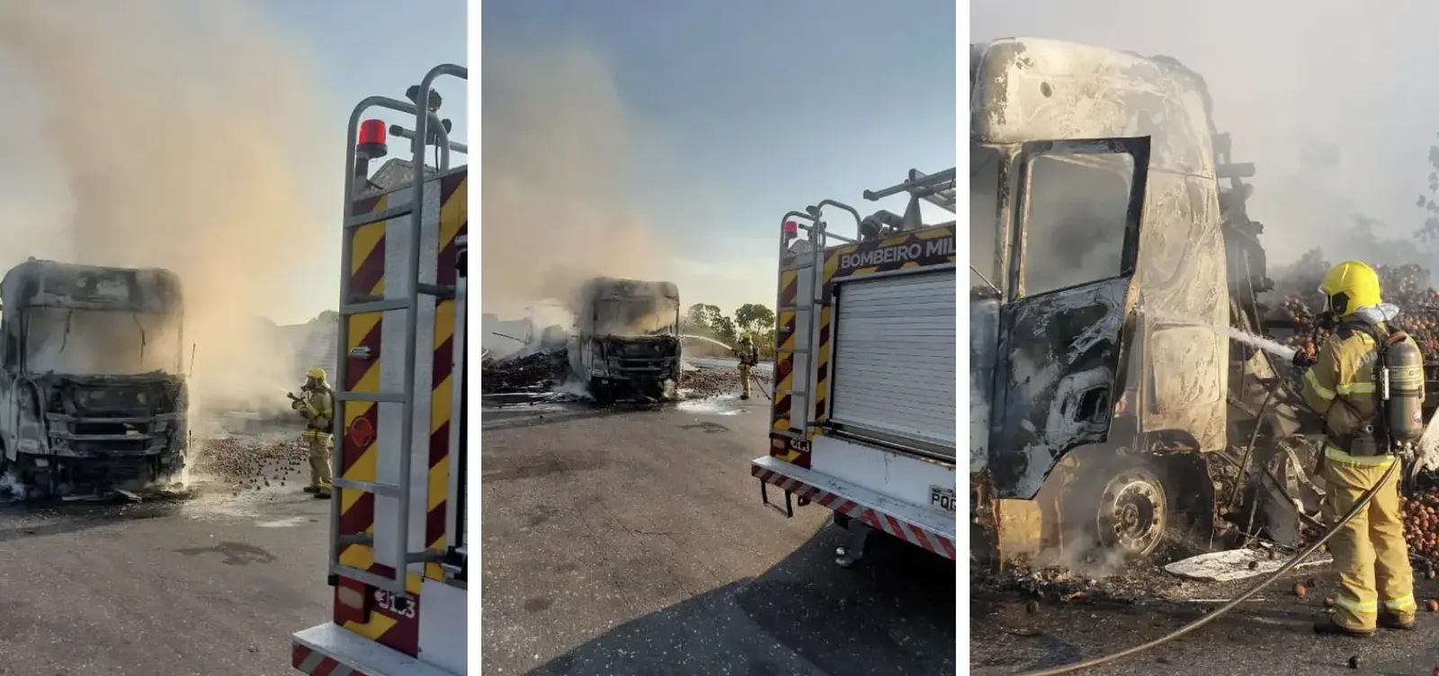 Incêndio atinge caminhão de maçãs em posto fiscal na BR-153