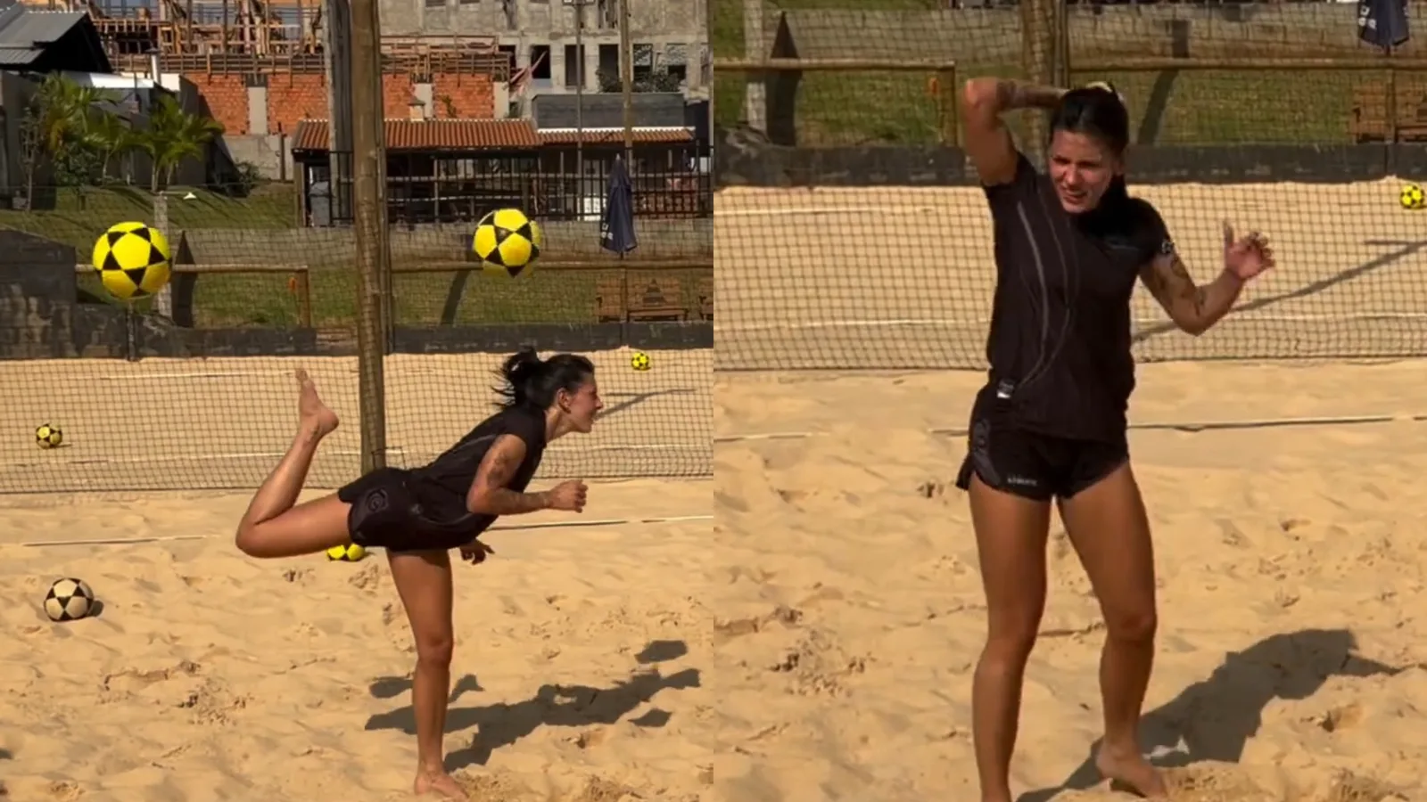 Ana Castela acerta a própria cabeça com bola durante partida de futevôlei