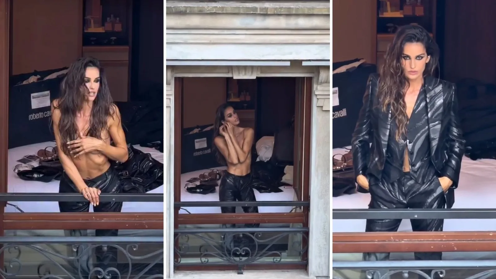 Izabel Goulart troca de roupa em hotel antes de desfile em Milão