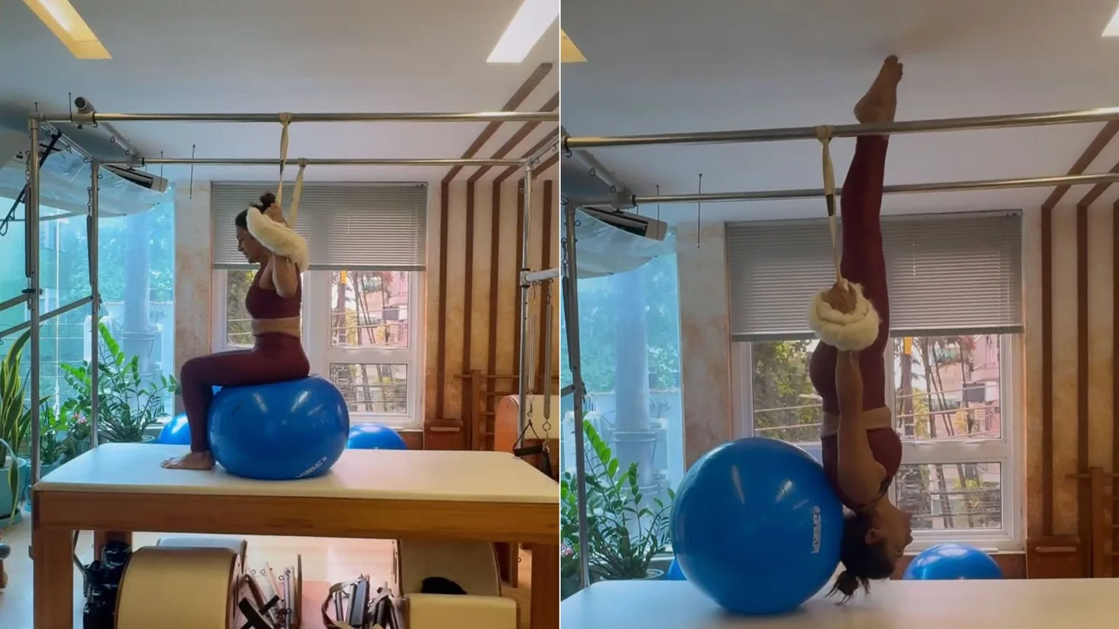 Dira Paes mostra equilíbrio em exercício de pilates nas redes sociais