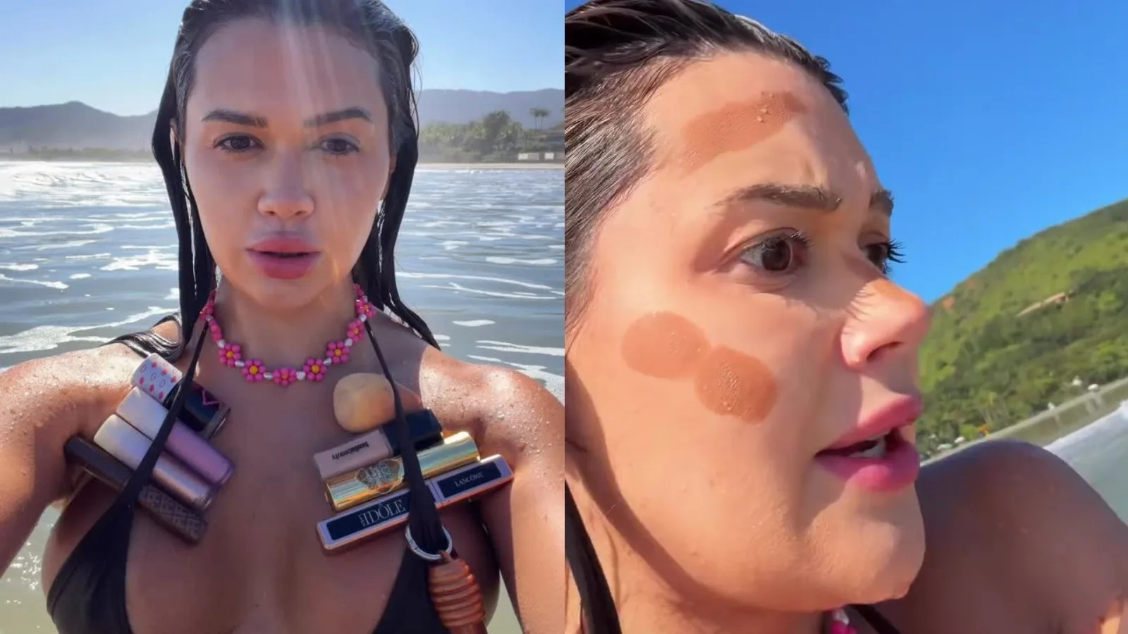 Franciny Ehlke perde maquiagem ao tentar gravar dentro do mar