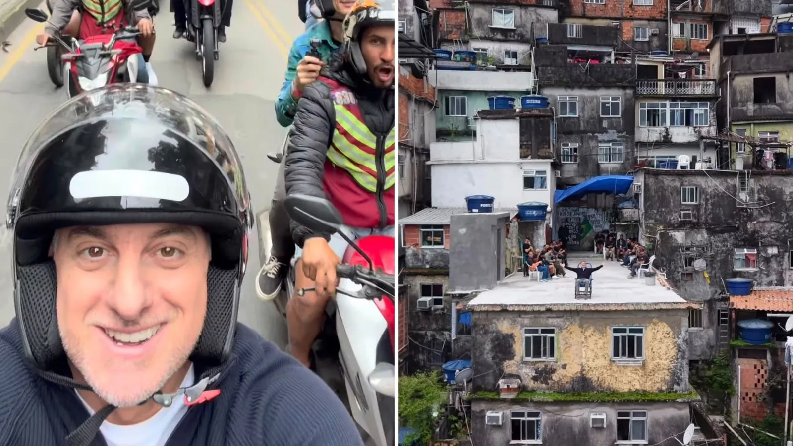 Luciano Huck grava programa e passeia de mototáxi pela Rocinha