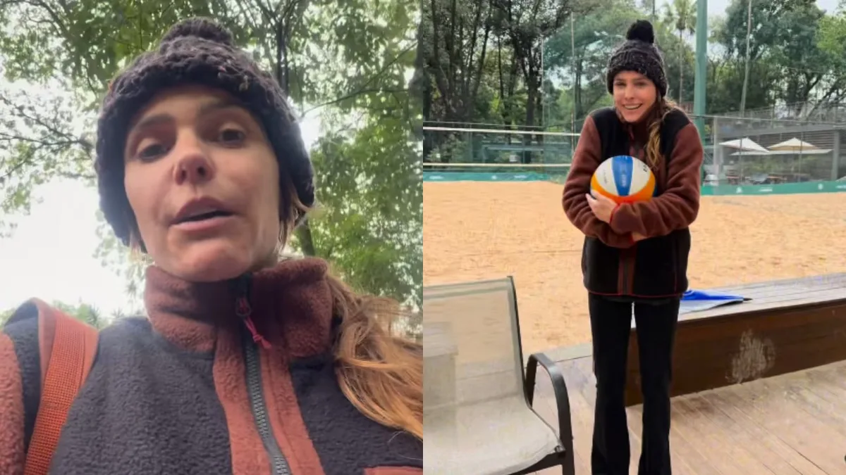 Fernanda Lima enfrenta chuva para jogar vôlei e incentiva atividade física