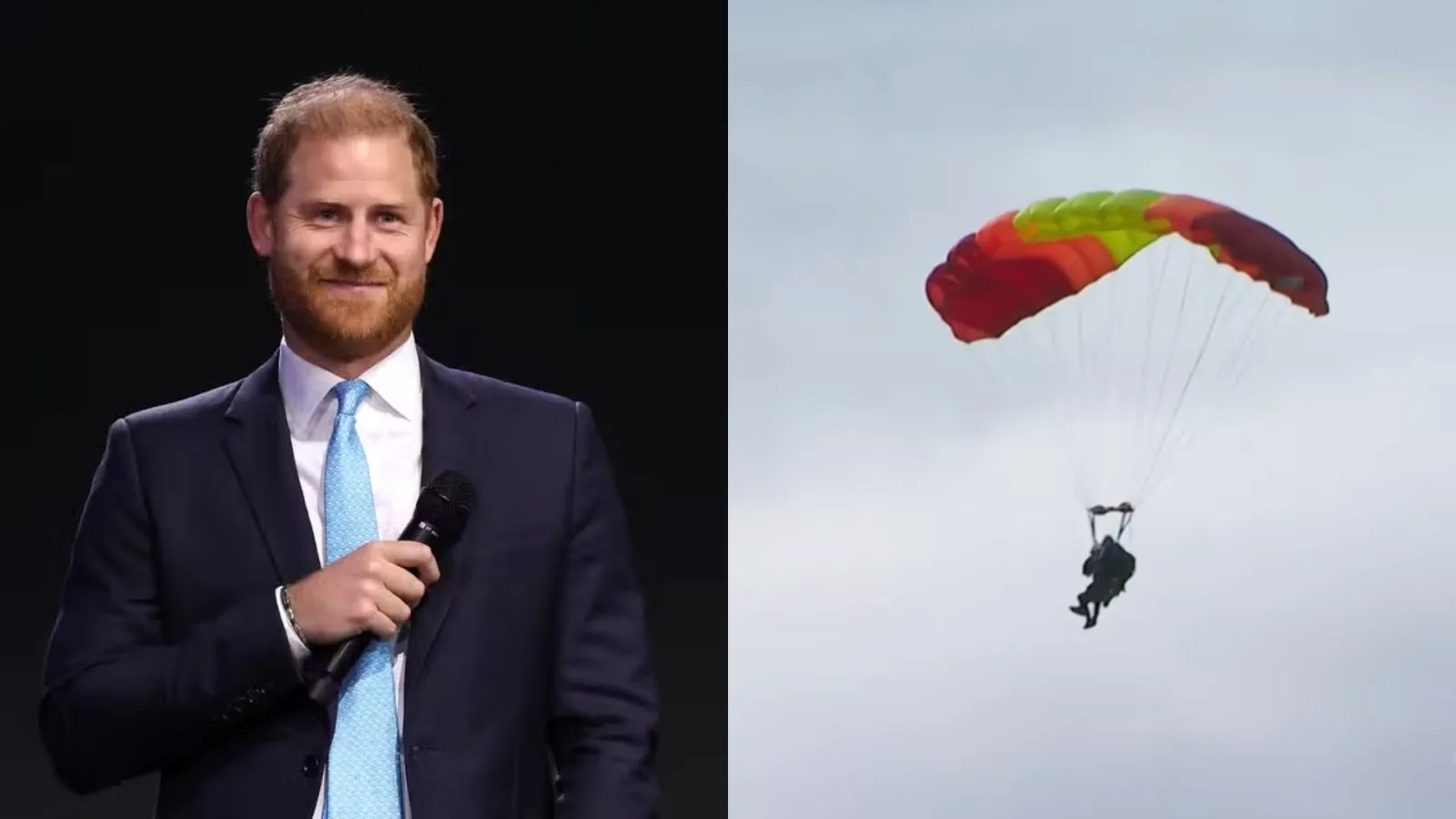 Príncipe Harry salta de paraquedas no Canadá ao lado de neto de veterano