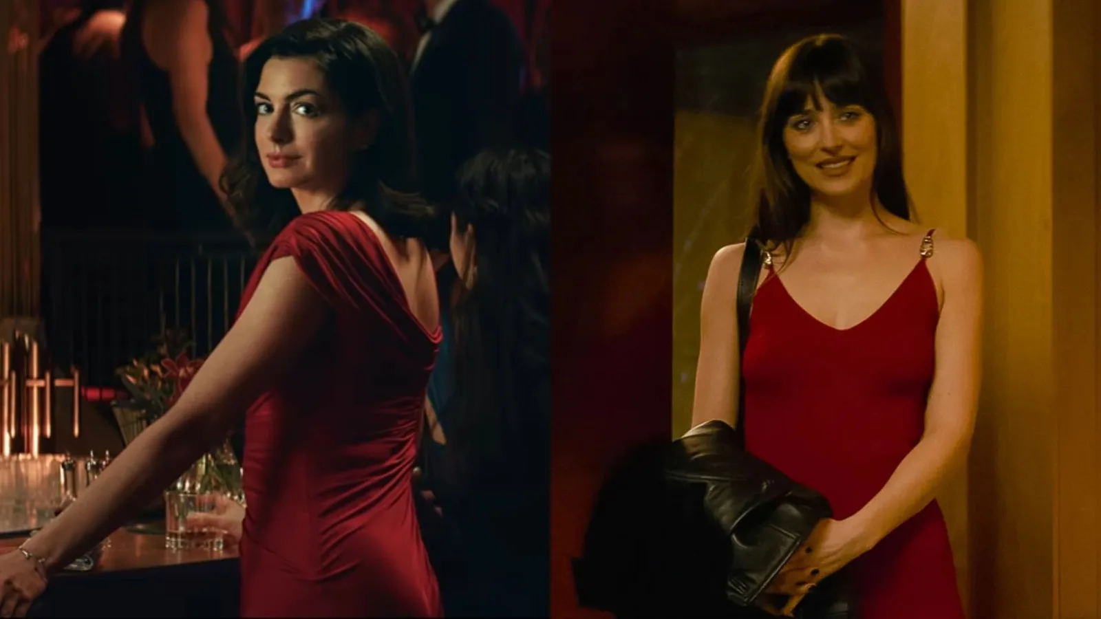 Vestidos vermelhos conectam Anne Hathaway e Dakota Johnson em Verity