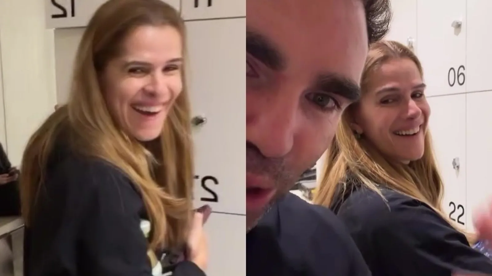 Ingrid Guimarães procura pertences em armários após treino na academia