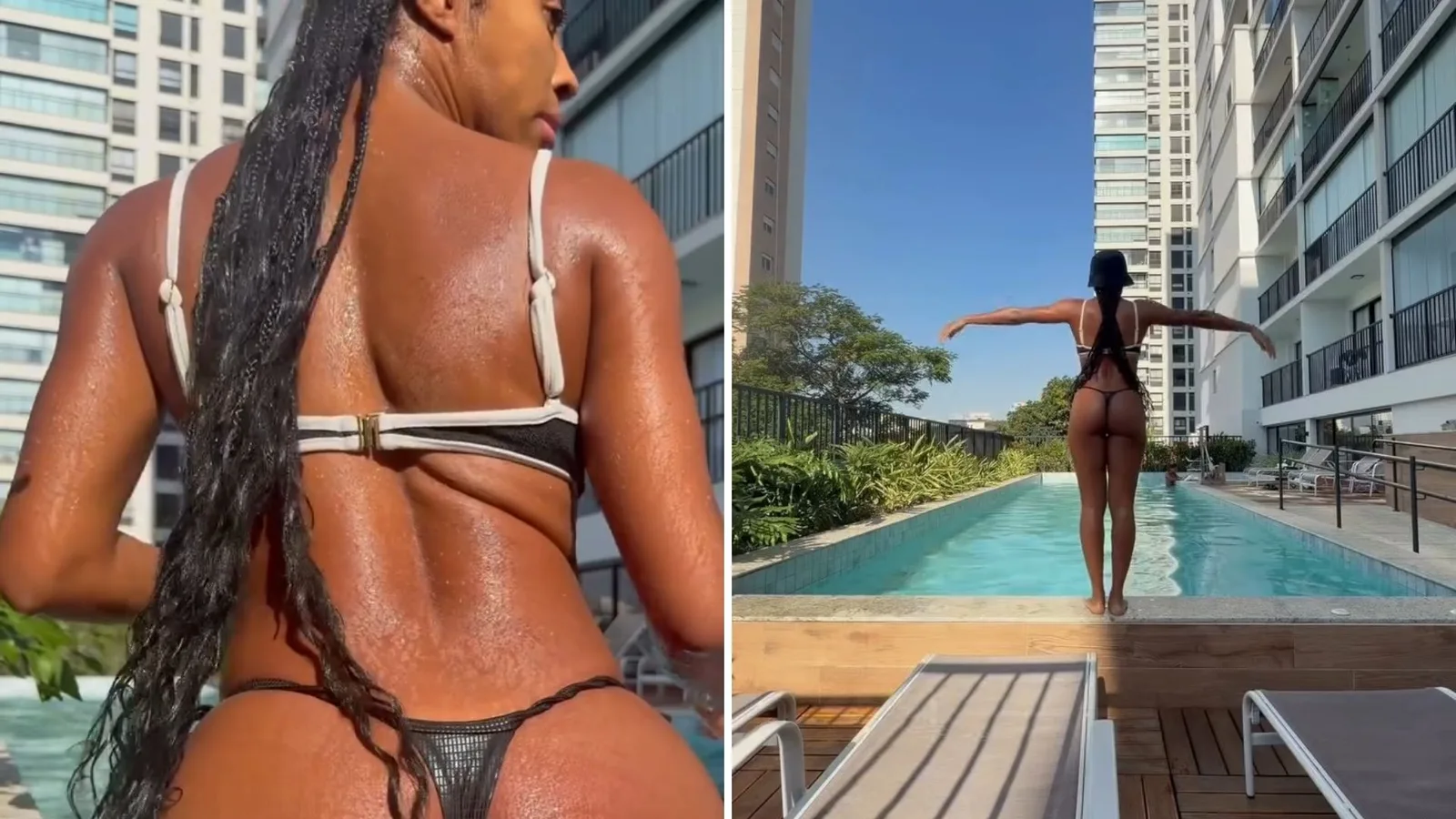 Lumena Aleluia se refresca na piscina e renova o bronzeado