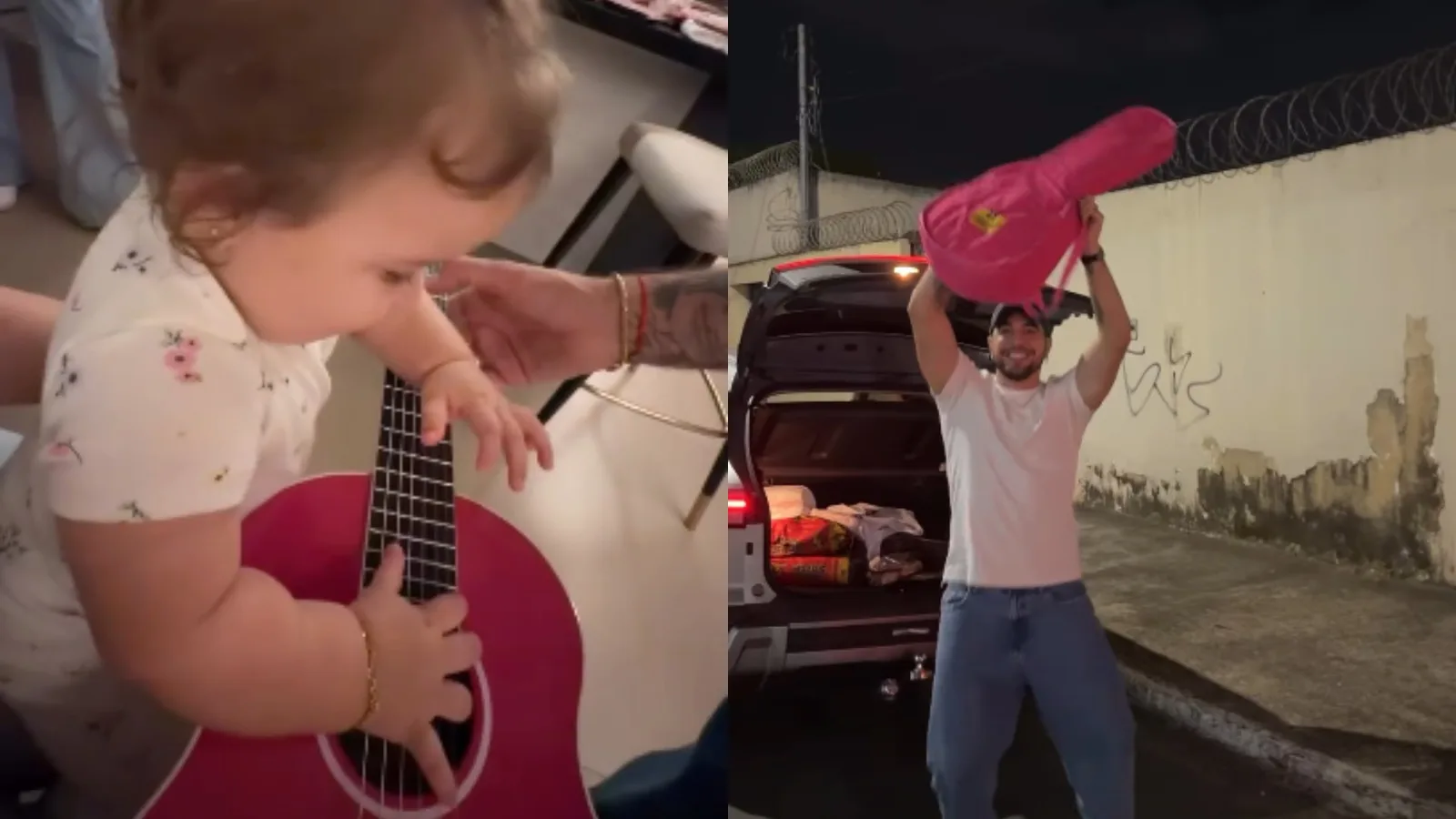 Zuza ganha primeiro violão de Nattan e aparece brincando com o instrumento