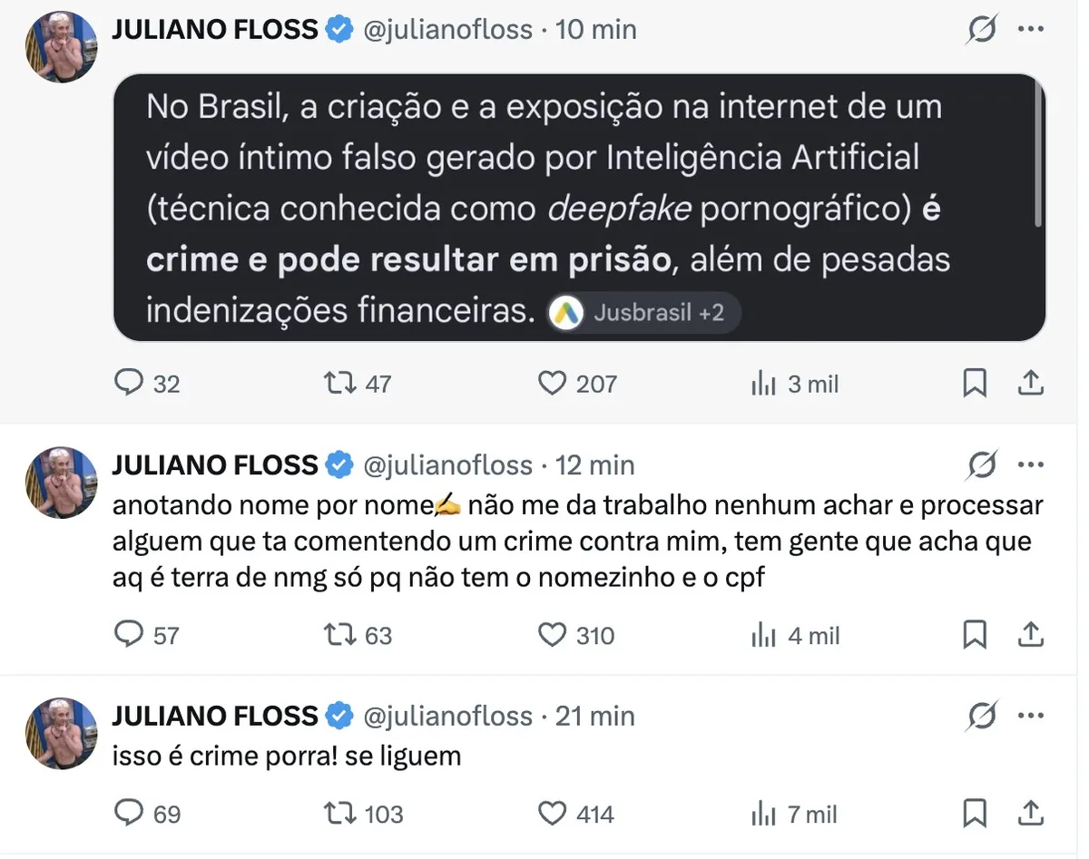 Juliano Floss denuncia deepfake pornográfico e promete levar caso à Justiça