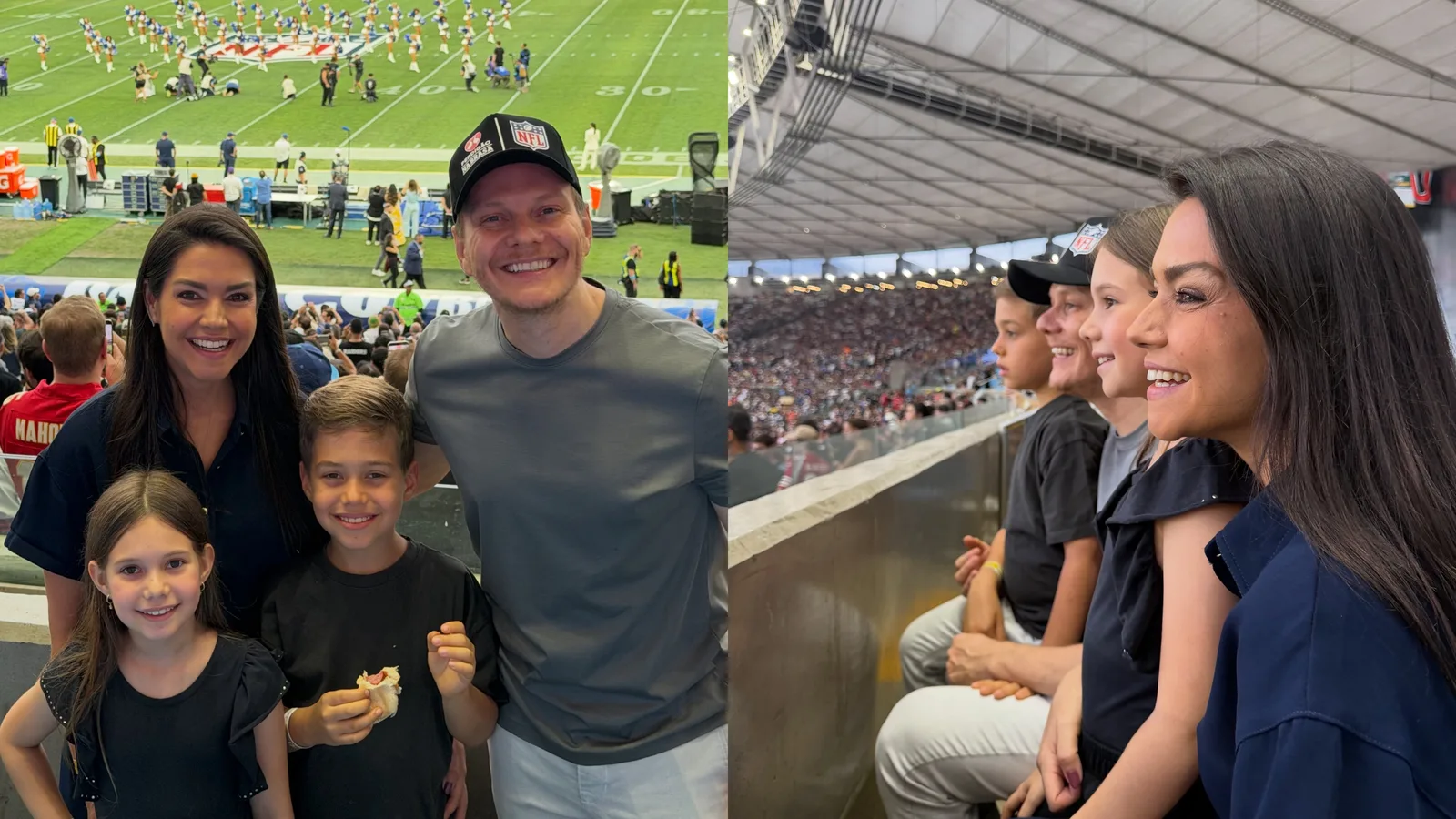 Thais Fersoza e Michel Teló assistem à NFL com os filhos no Maracanã